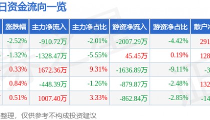股票行情快报：南方航空（600029）6月13日主力资金净卖出910.72万元