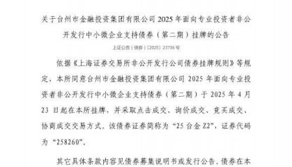 上交所：台州市金融投资集团有限公司债券4月23日挂牌，代码258260