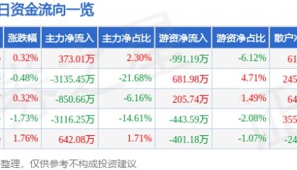股票行情快报：大众交通（600611）8月13日主力资金净买入373.01万元
