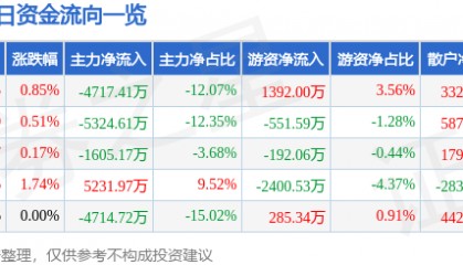 股票行情快报：南方航空（600029）8月20日主力资金净卖出4717.41万元