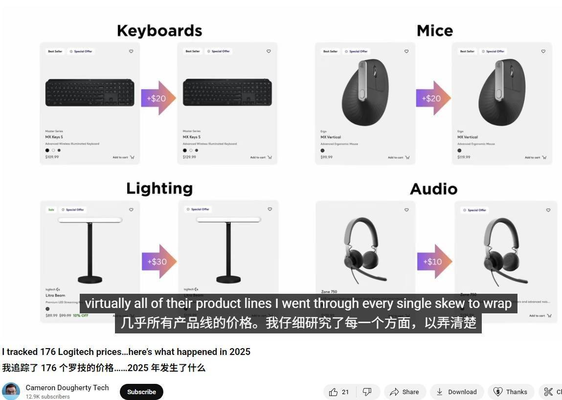 罗技产品在美国悄悄涨价，最高涨幅达 25%