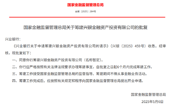 国家金融监管总局：兴业银行获批筹建兴银金融资产投资有限公司