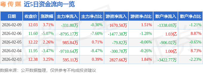 股票行情快报:粤传媒(002181)2月9日主力资金净卖出331.80万元