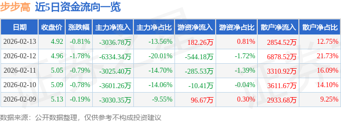 股票行情快报：步步高（002251）2月13日主力资金净卖出3036.78万元