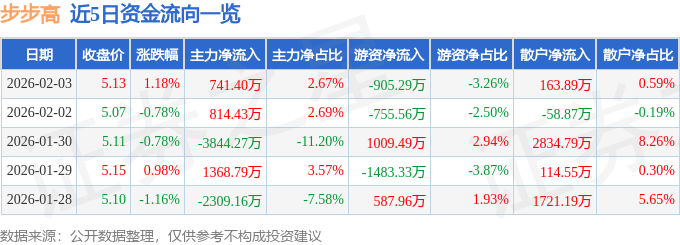 股票行情快报：步步高（002251）2月3日主力资金净买入741.40万元