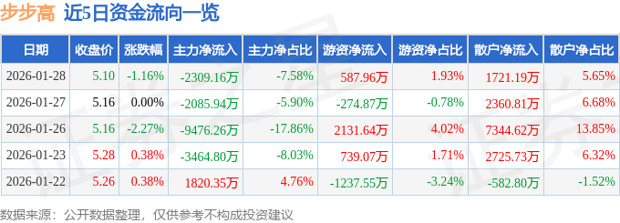 股票行情快报：步步高（002251）1月28日主力资金净卖出2309.16万元